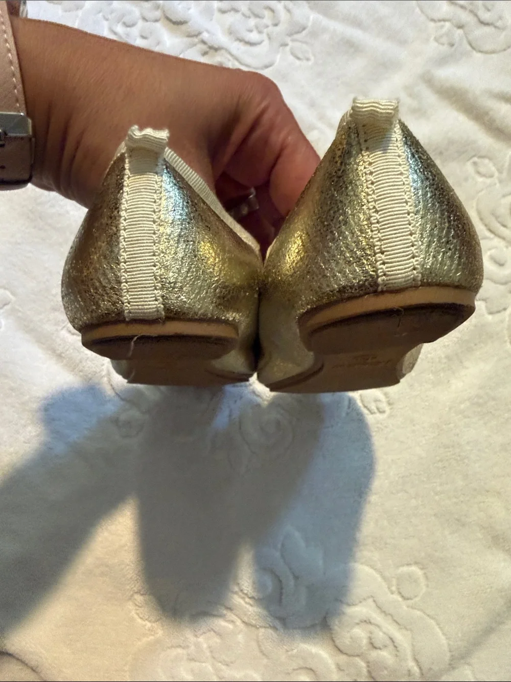 J. Crew Gold Metallic Ballet Flats with Bow Trim